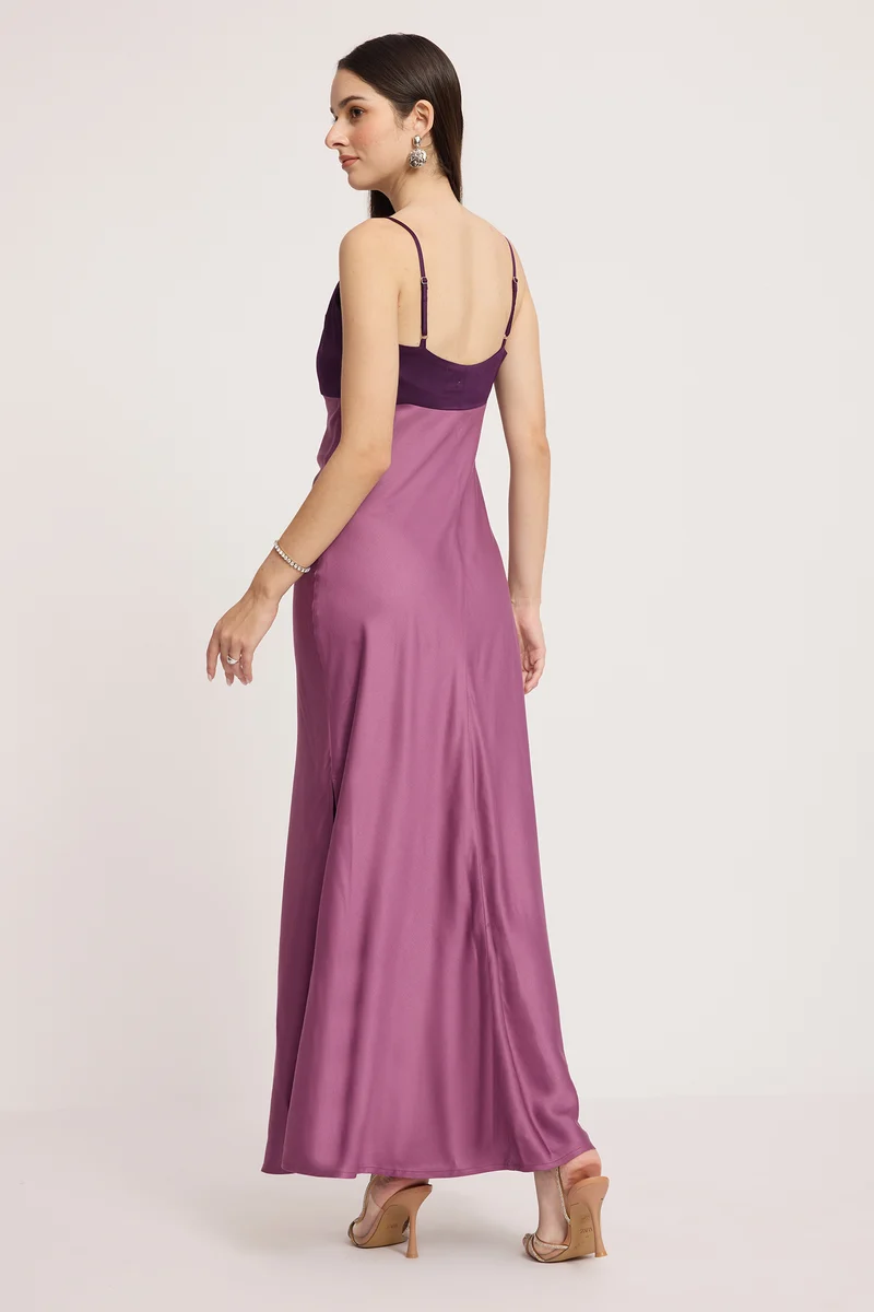 Kavra|100% Cotton Contrast Paneled Maxi Dress
