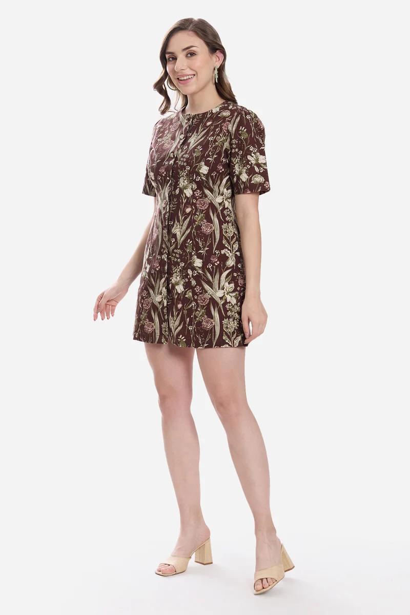 Elisa|100% Cotton Button Down Mini Brown Dress