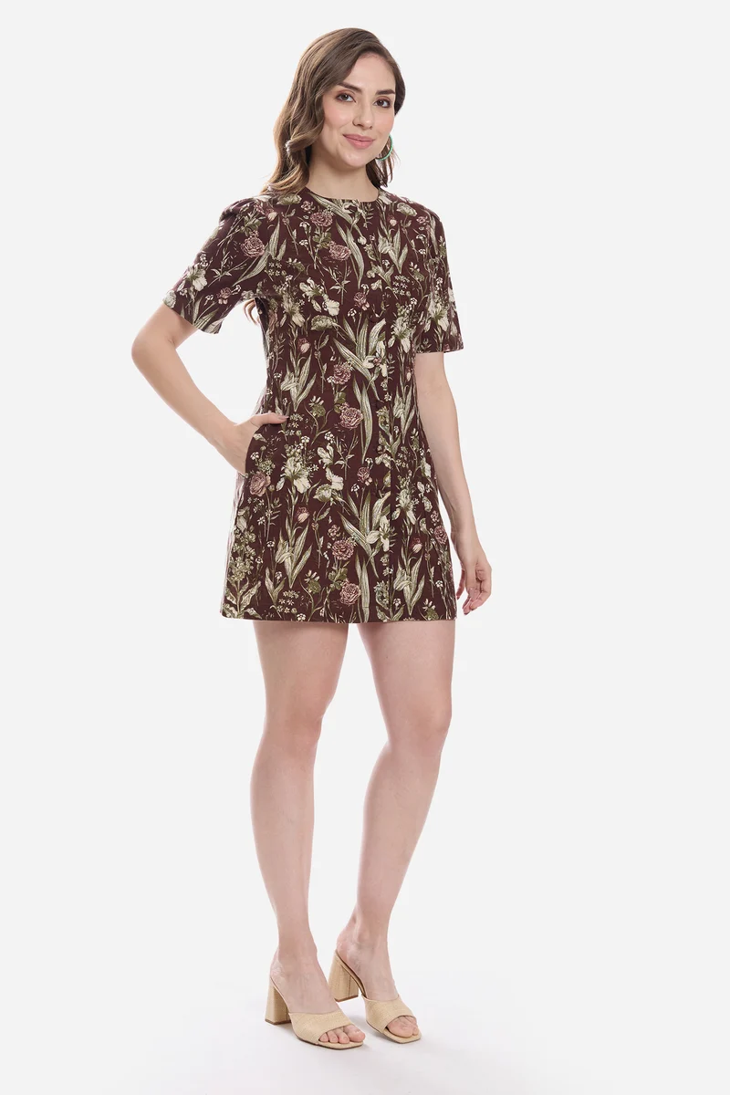 Elisa|100% Cotton Button Down Mini Brown Dress