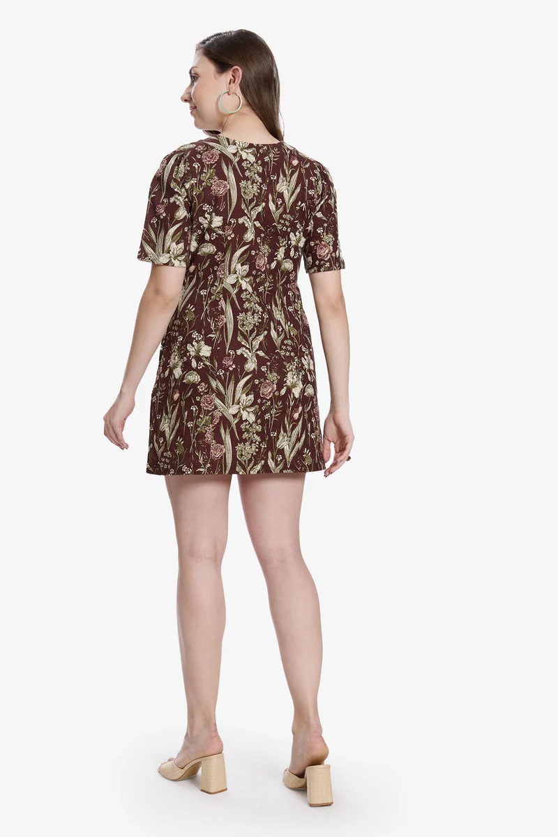Elisa|100% Cotton Button Down Mini Brown Dress