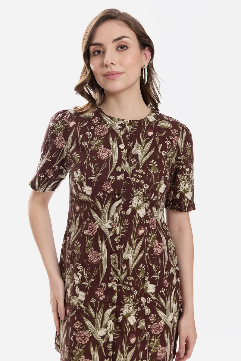 Elisa|100% Cotton Button Down Mini Brown Dress