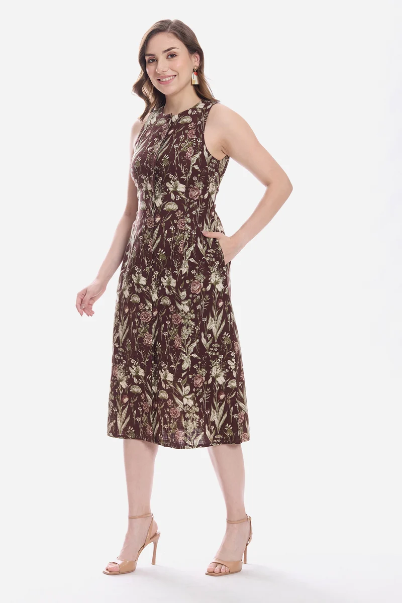 Sewang|100% Cotton Sleeveless Midi Dress