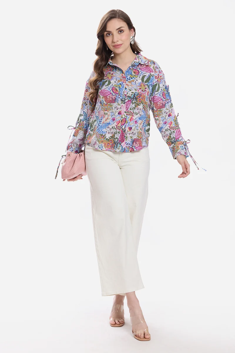 Kimy|100% Viscose Printed Tie-Up Shirt