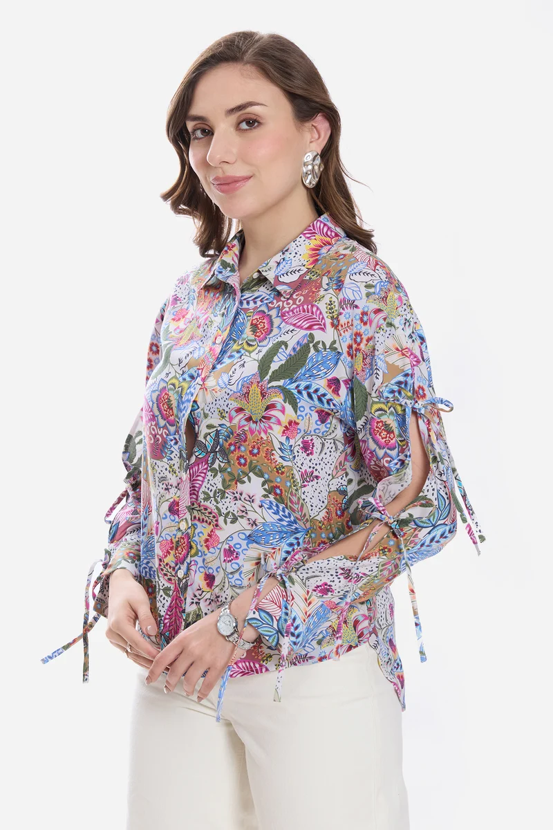Kimy|100% Viscose Printed Tie-Up Shirt