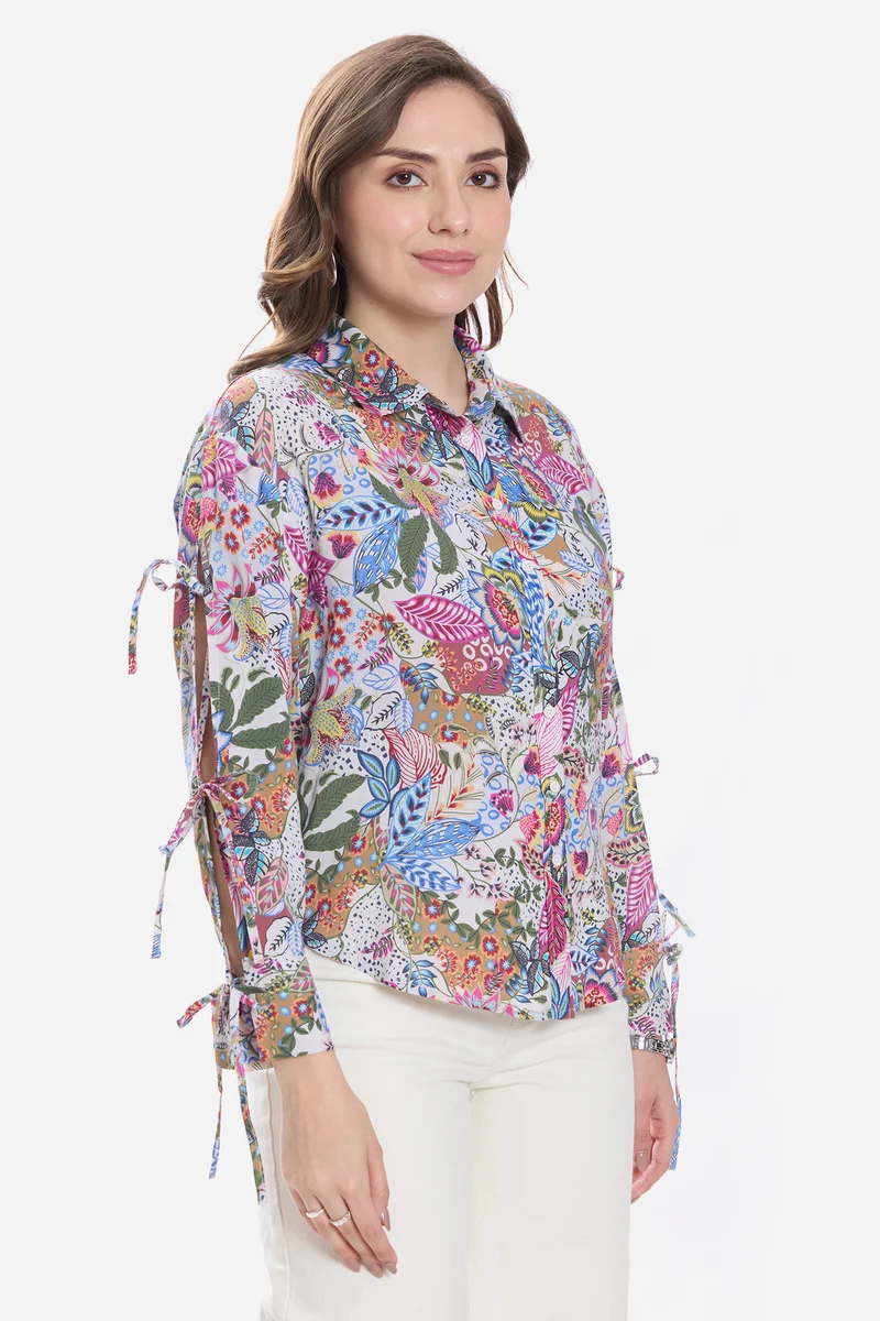 Kimy|100% Viscose Printed Tie-Up Shirt