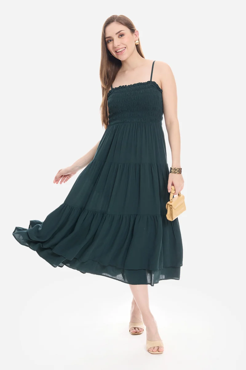 Naeie|100% Viscose Smocked Layered Midi Dress
