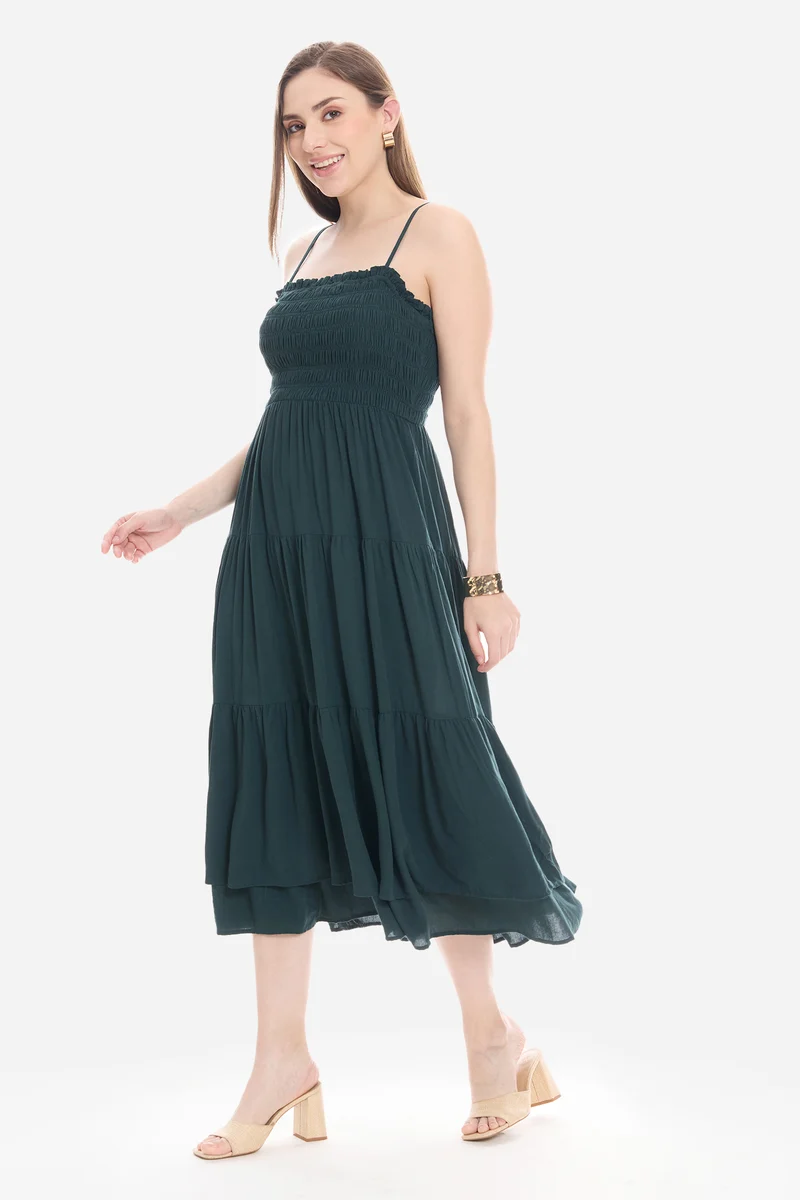 Naeie|100% Viscose Smocked Layered Midi Dress