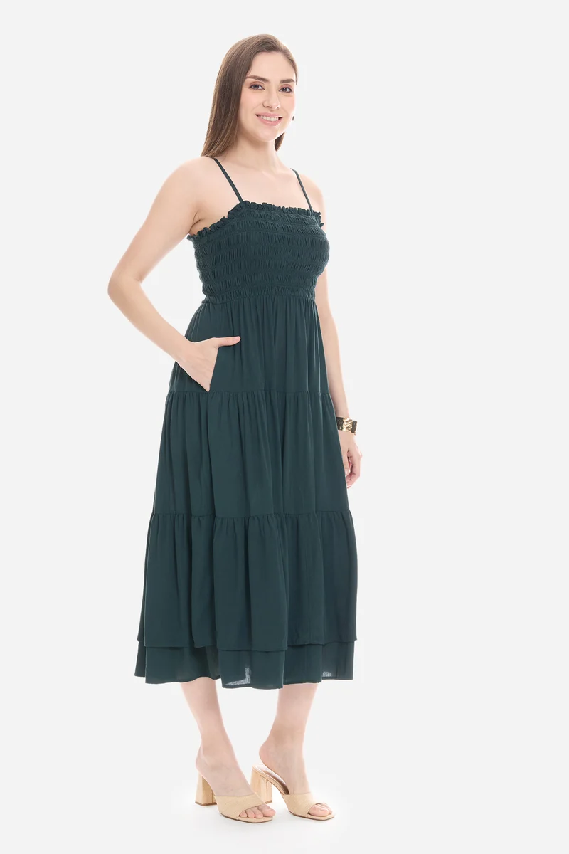 Naeie|100% Viscose Smocked Layered Midi Dress