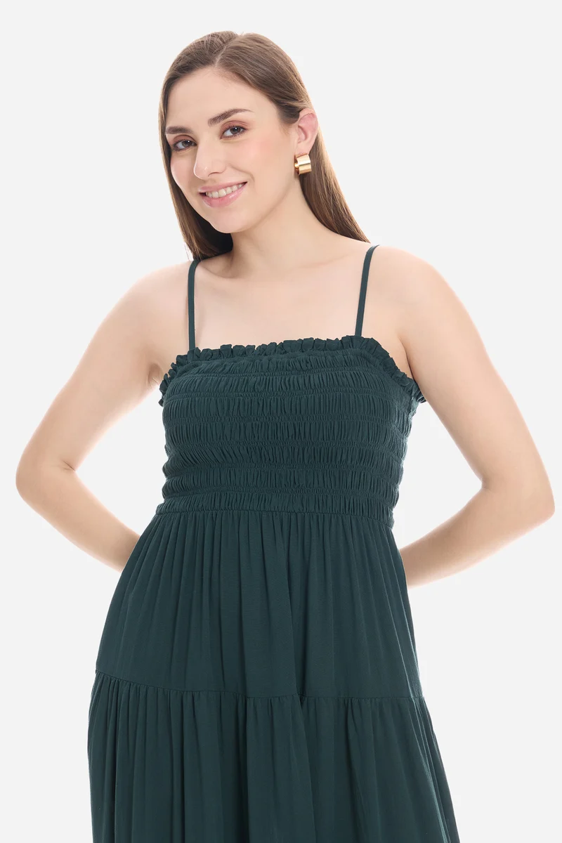 Naeie|100% Viscose Smocked Layered Midi Dress