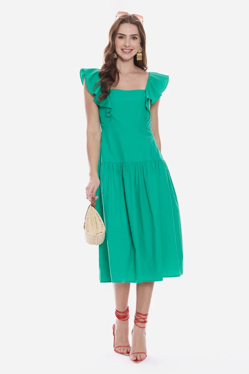 Olrna|100% Cotton Butterfly Sleeve Midi Dress