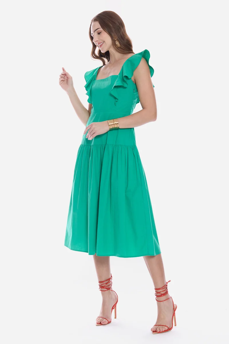 Olrna|100% Cotton Butterfly Sleeve Midi Dress