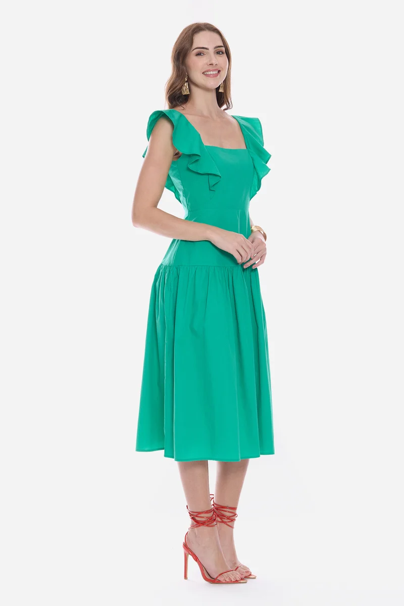 Olrna|100% Cotton Butterfly Sleeve Midi Dress