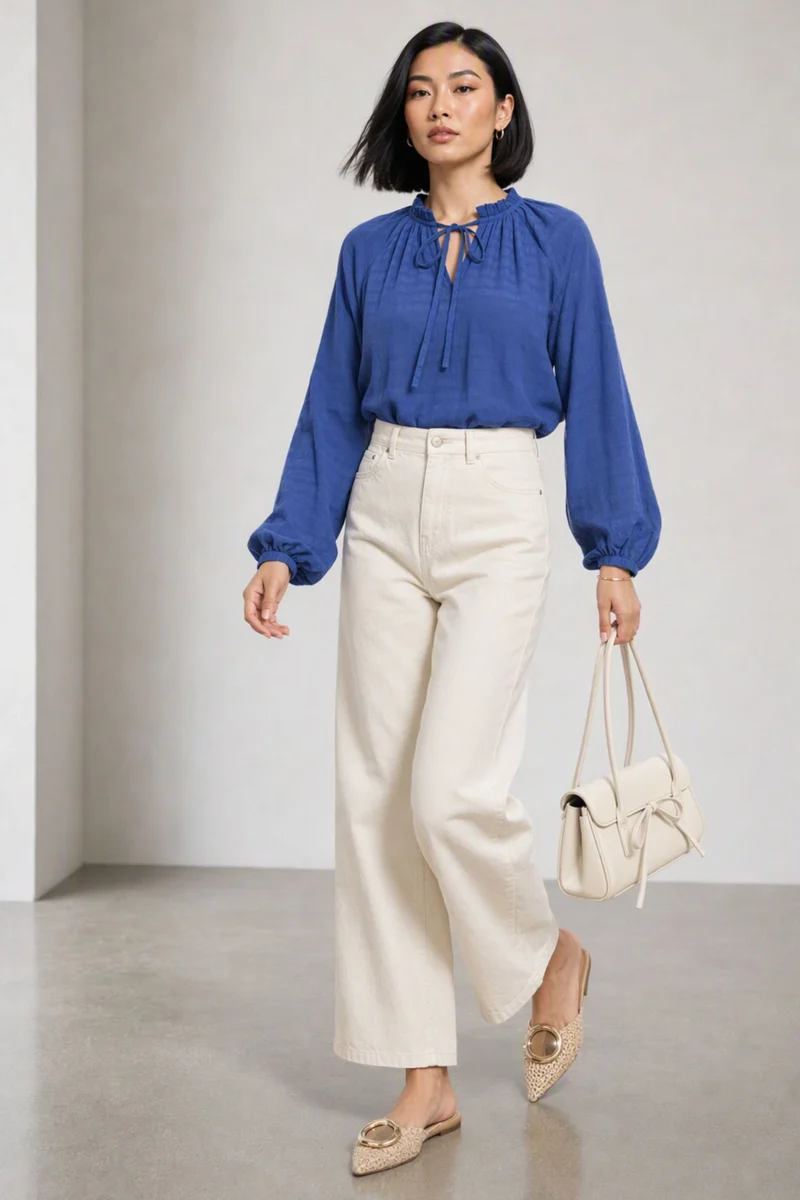 Aifril|100% Viscose Blue Top With Puff Sleeve
