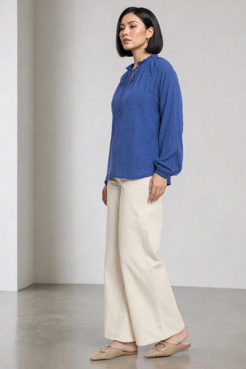 Aifril|100% Viscose Blue Top With Puff Sleeve