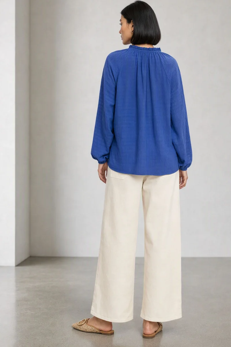 Aifril|100% Viscose Blue Top With Puff Sleeve