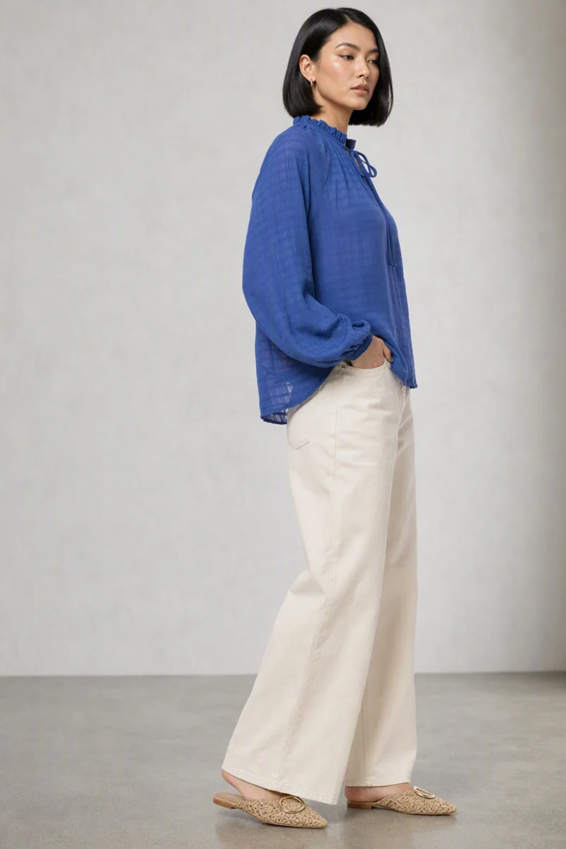 Aifril|100% Viscose Blue Top With Puff Sleeve