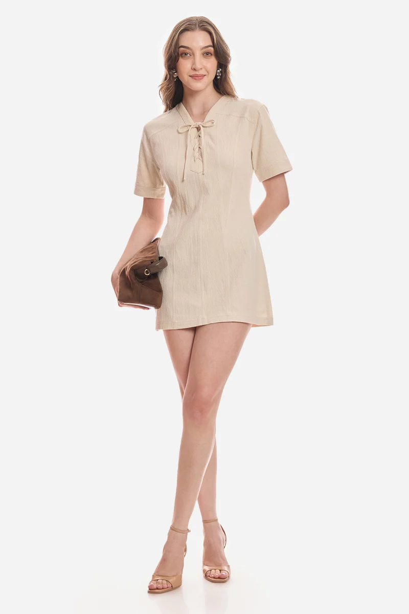 Nitha|100% Cotton Lace-Up Shirt Dress