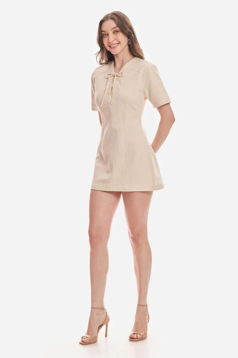 Nitha|100% Cotton Lace-Up Shirt Dress