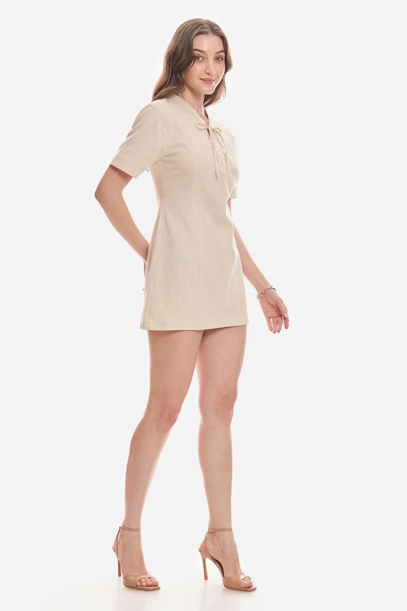 Nitha|100% Cotton Lace-Up Shirt Dress