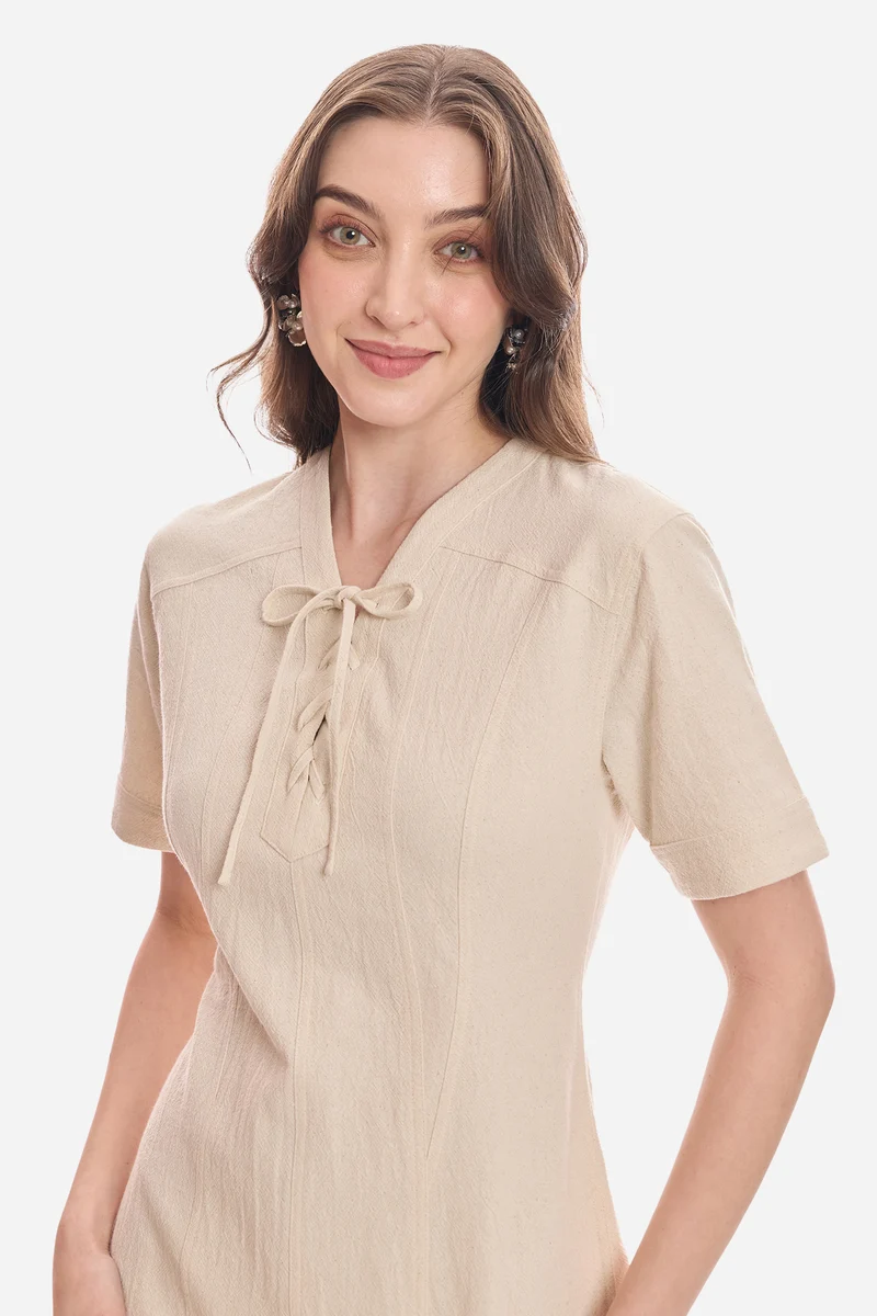 Nitha|100% Cotton Lace-Up Shirt Dress