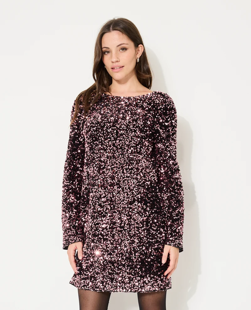 Robe courte dos V avec sequins