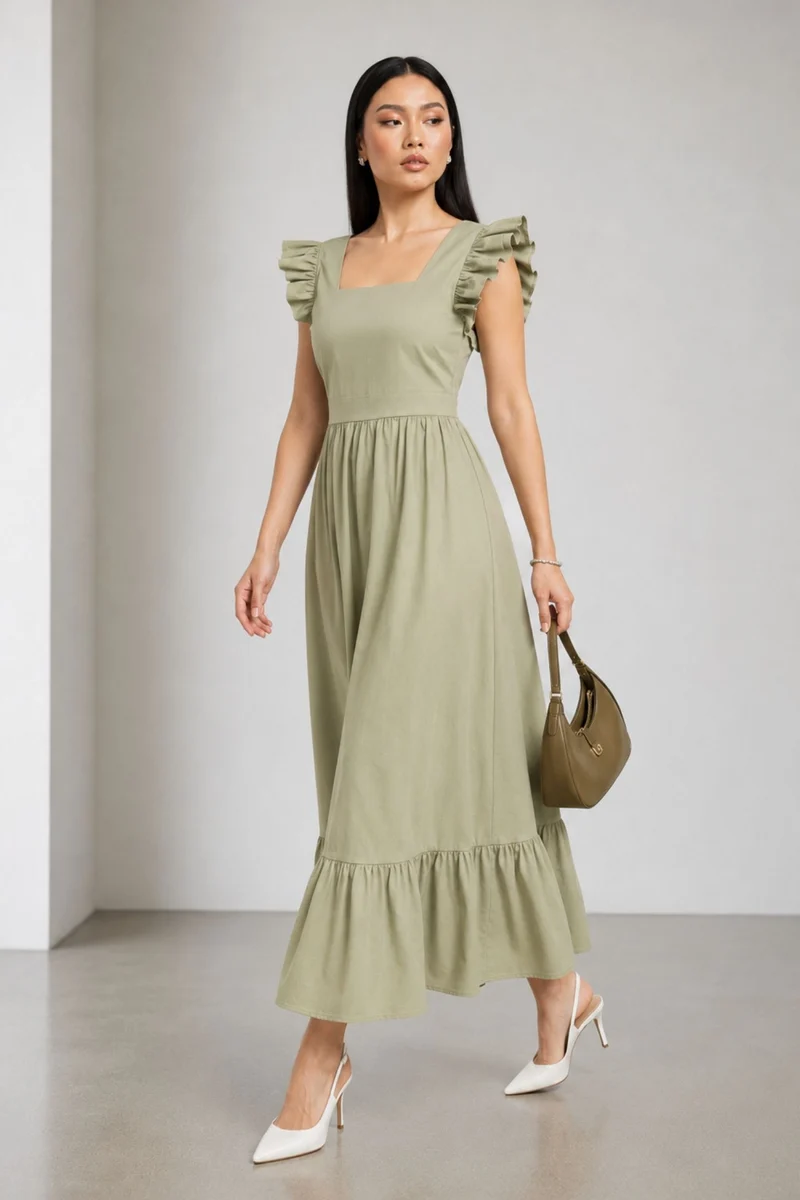 Binu|100% Cotton Flutter Sleeve Maxi Dress