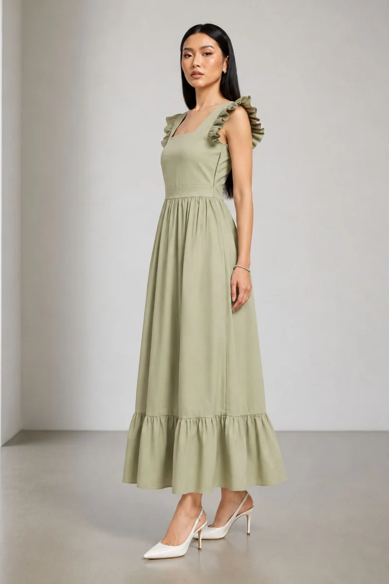 Binu|100% Cotton Flutter Sleeve Maxi Dress
