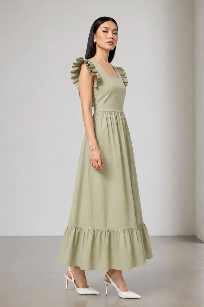 Binu|100% Cotton Flutter Sleeve Maxi Dress