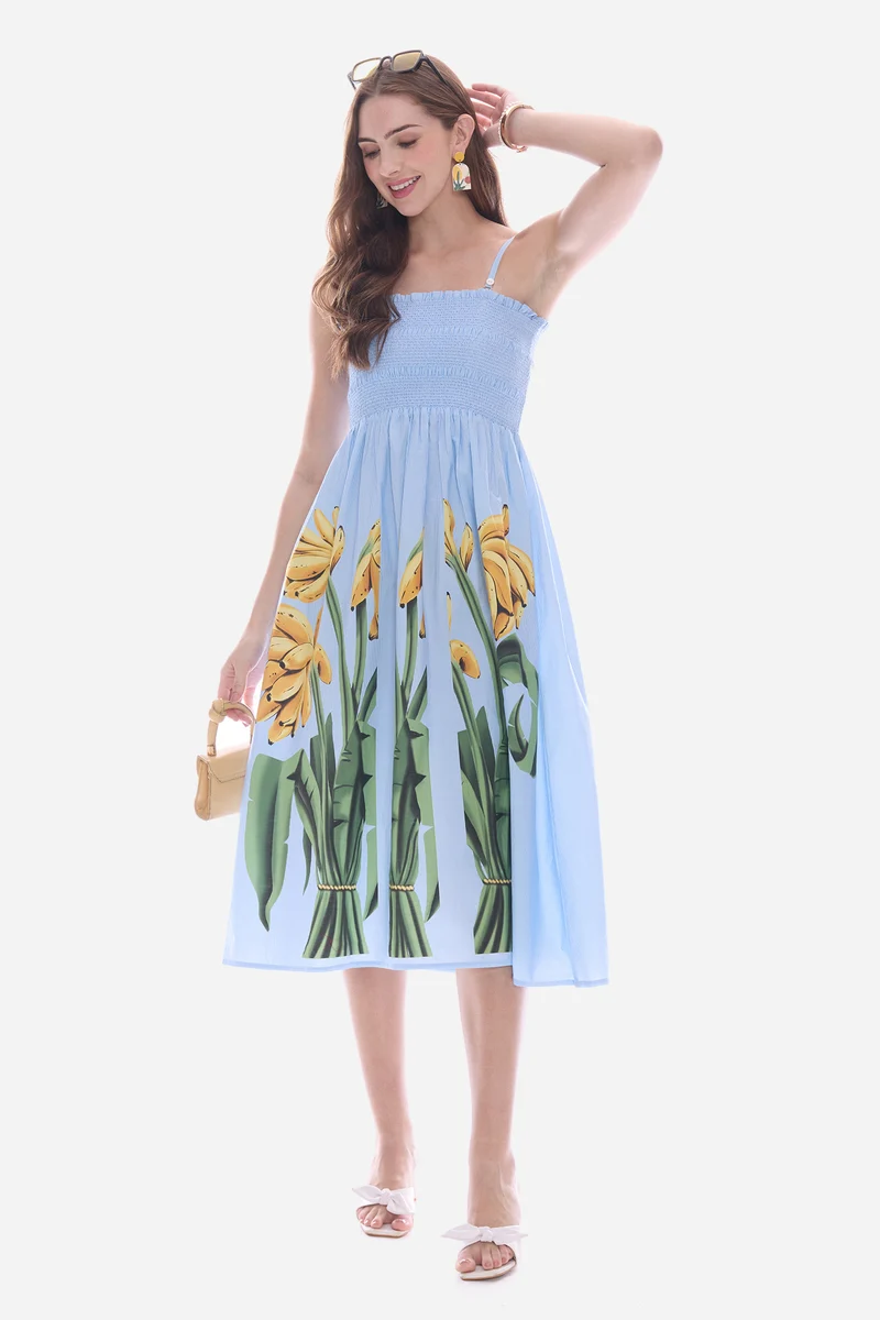Emden|100% Cotton Smocked Bodice Midi Dress