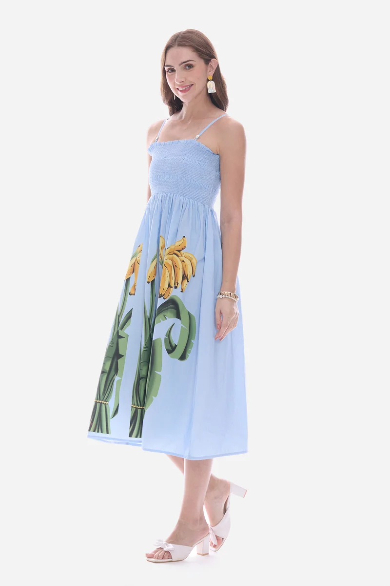 Emden|100% Cotton Smocked Bodice Midi Dress