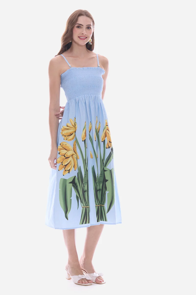 Emden|100% Cotton Smocked Bodice Midi Dress