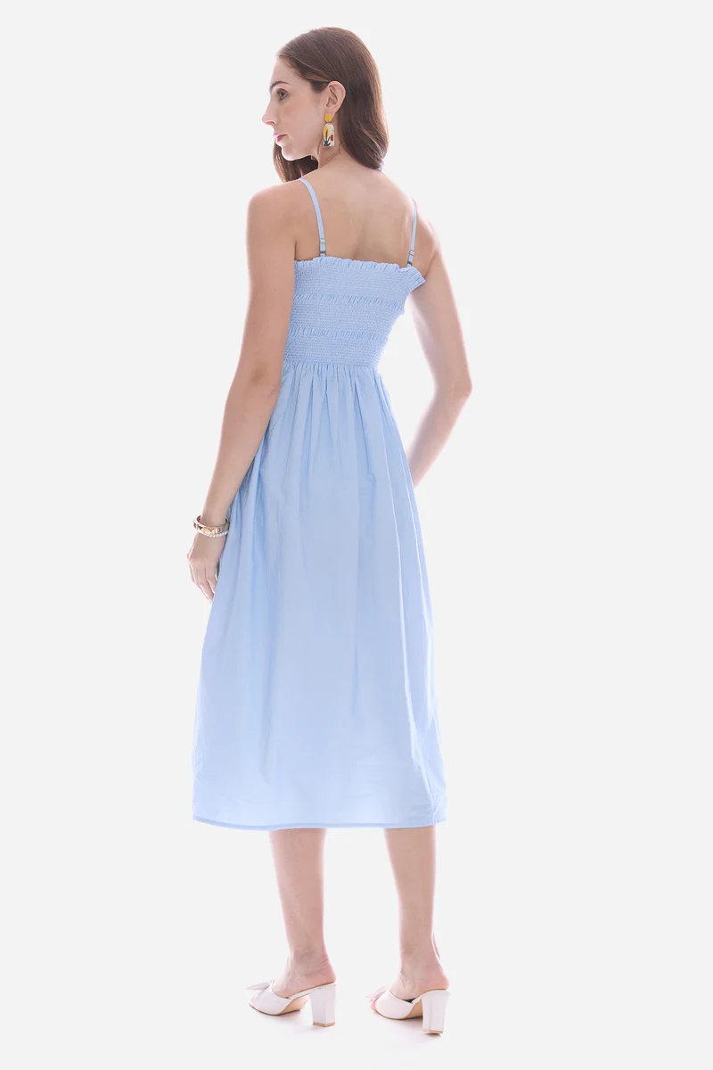 Emden|100% Cotton Smocked Bodice Midi Dress