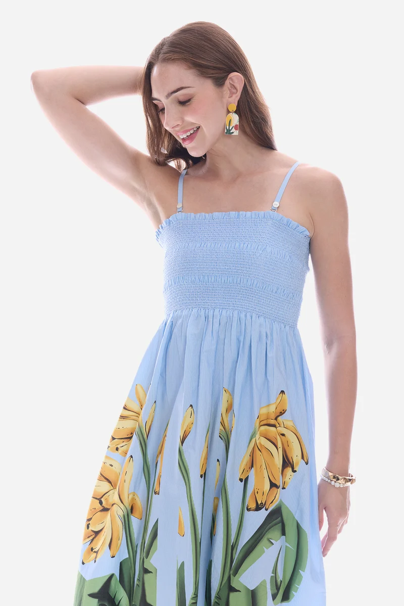 Emden|100% Cotton Smocked Bodice Midi Dress