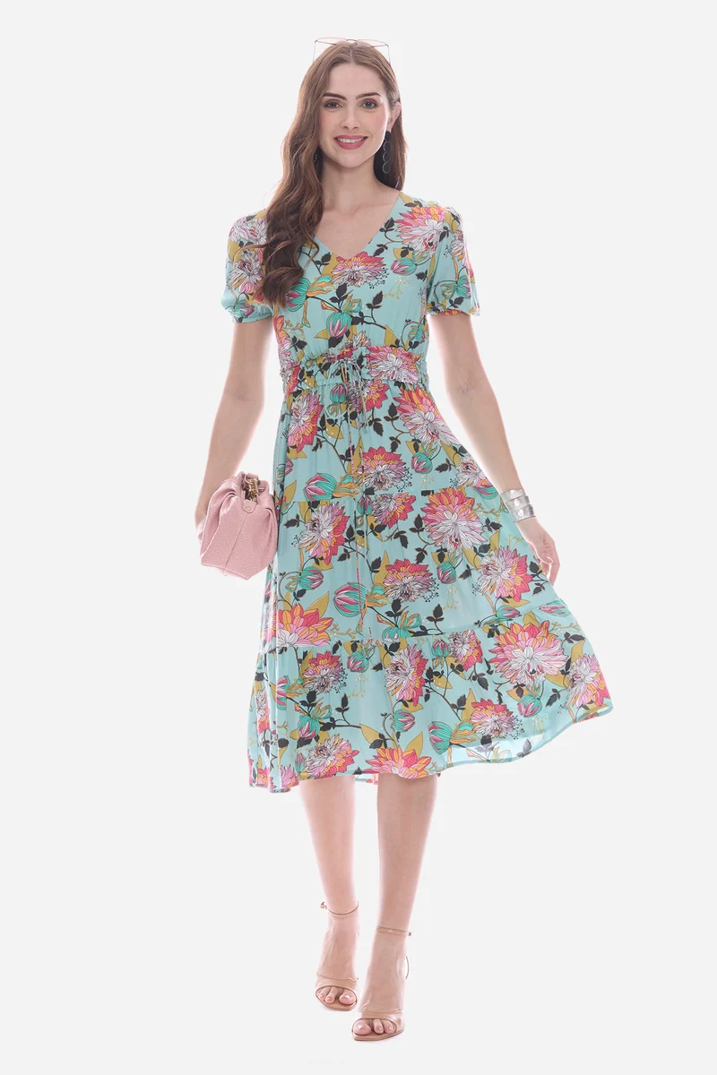 Emea|100% Viscose Cinched Waist Midi Dress
