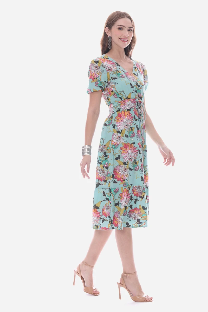Emea|100% Viscose Cinched Waist Midi Dress