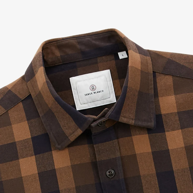 Chemise manches longues en coton twill à carreaux marron Charles