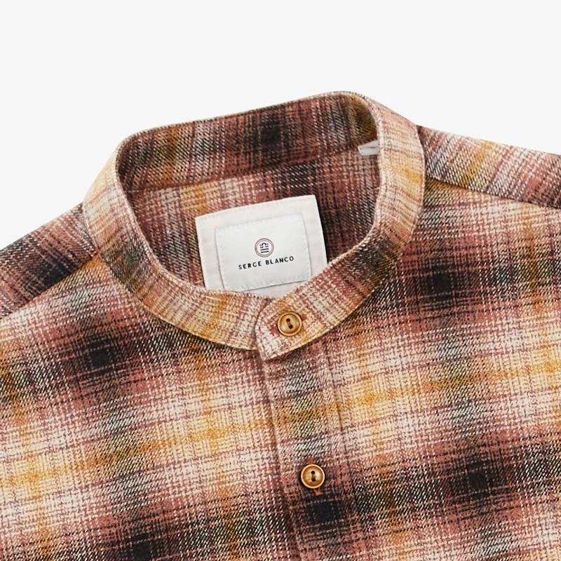 Chemise manches longues en coton col Mao à carreaux cuivre Charles
