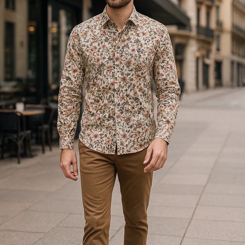 Chemise manches longues à fleurs vert militaire en coton