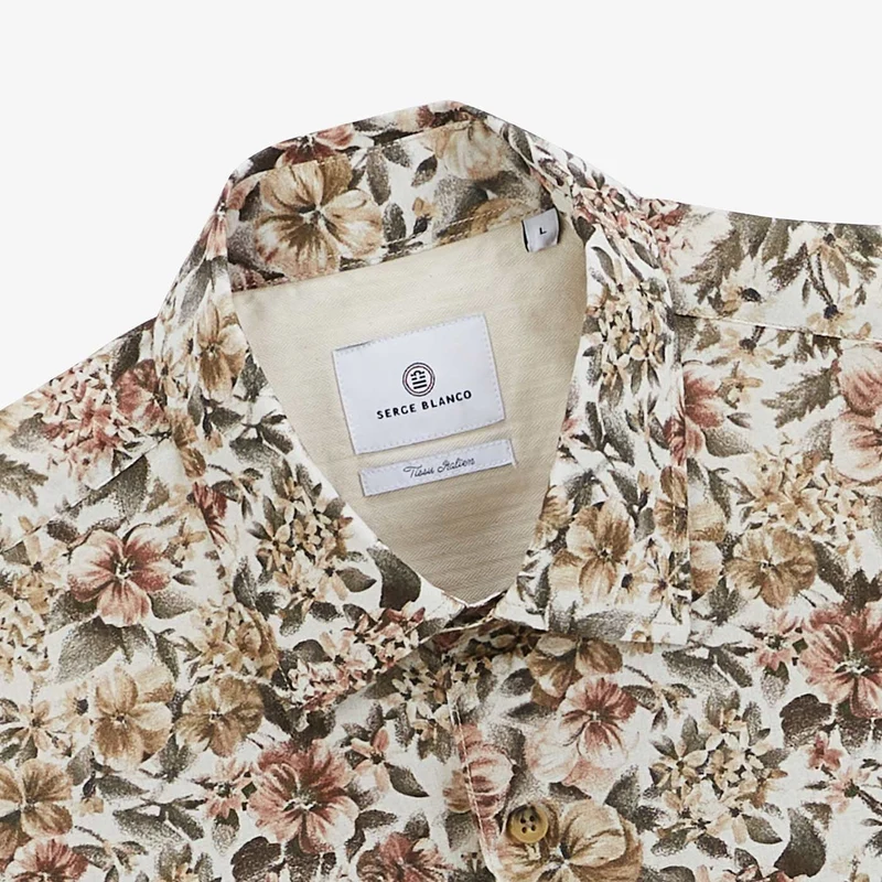 Chemise manches longues à fleurs vert militaire en coton