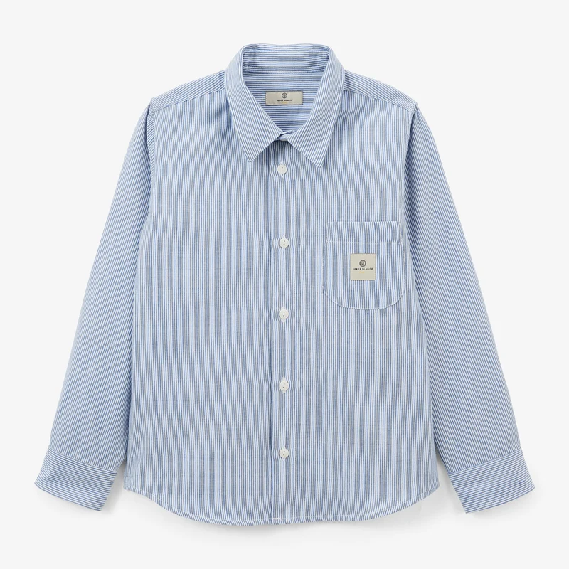 Chemise garçon manches longues coton Oxford rayures bleu ciel Charles
