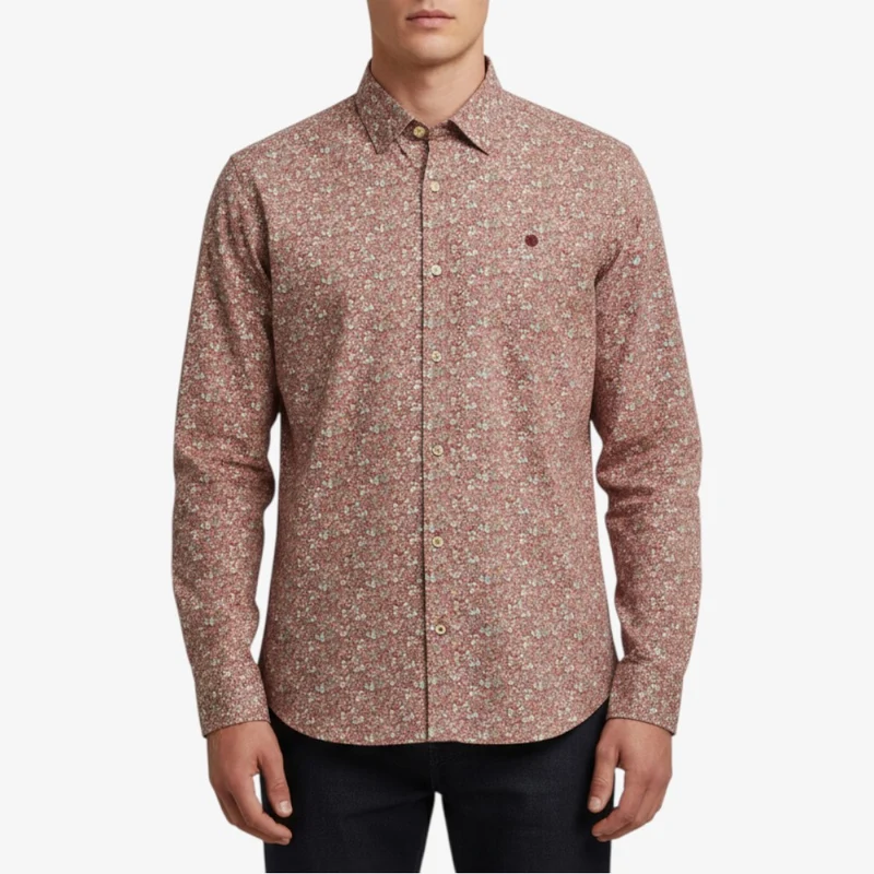 Chemise manches longues en coton imprimé floral rouge merlot Charles