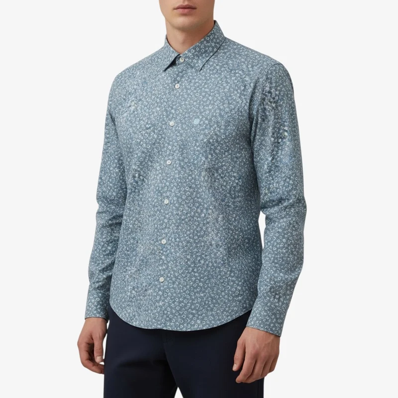 Chemise manches longues en coton imprimé floral bleu Charles