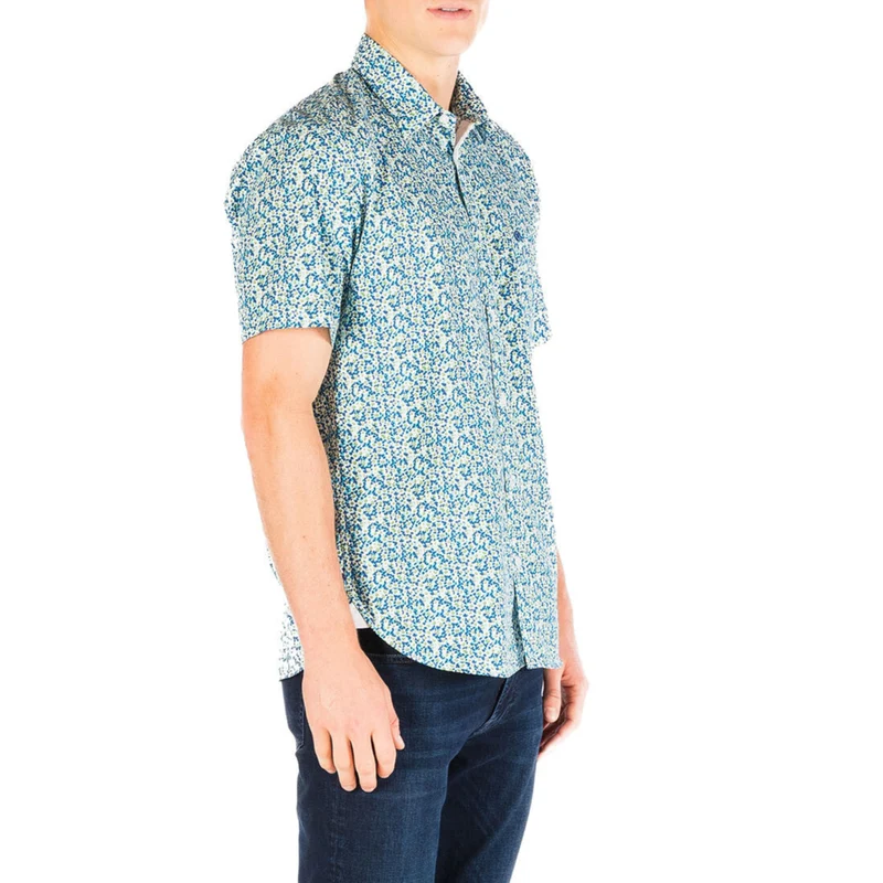 Chemise manches courtes regular bleu azur imprimé fleurs