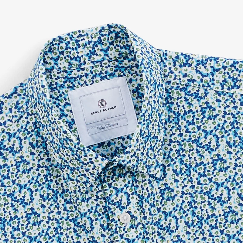 Chemise manches courtes regular bleu azur imprimé fleurs