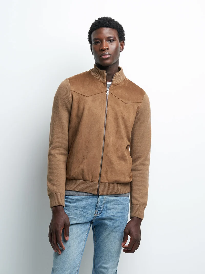 Cardigan bi-matière col montant