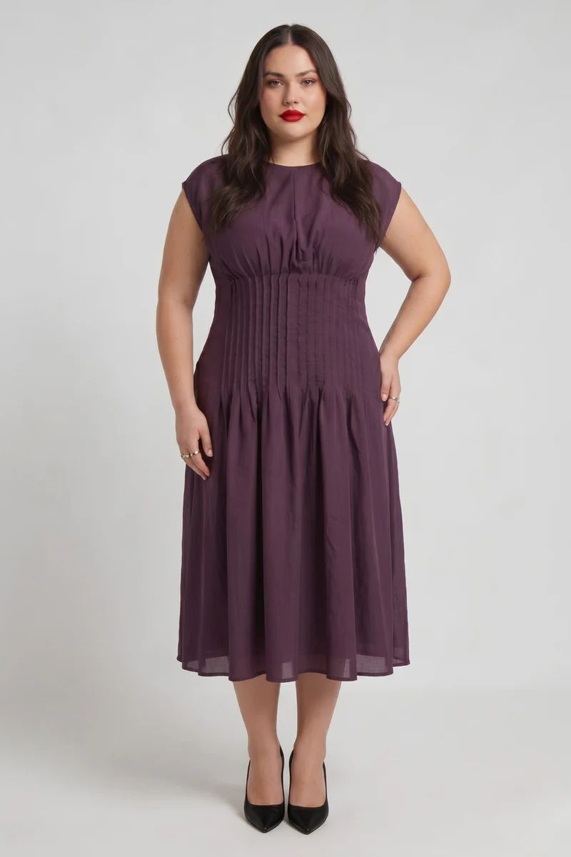 Romilly|100% Viscose Pintuck A-Line Maxi Dress