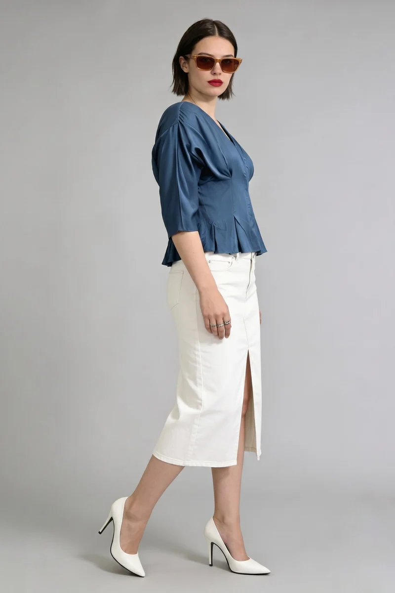 Vance|100% Cotton Pleated Wrap Peplum Top