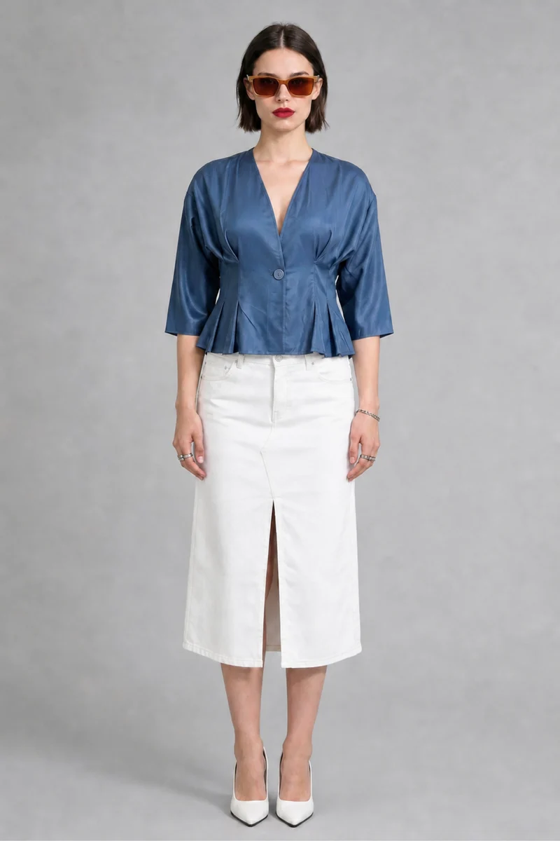Vance|100% Cotton Pleated Wrap Peplum Top