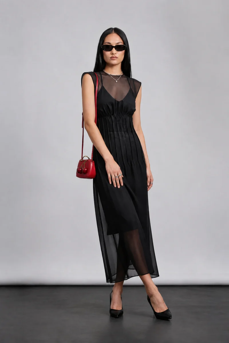 Sienna|100% Viscose Pintuck A-Line Maxi Dress
