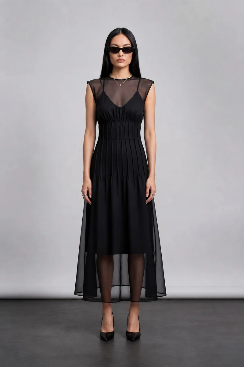 Sienna|100% Viscose Pintuck A-Line Maxi Dress